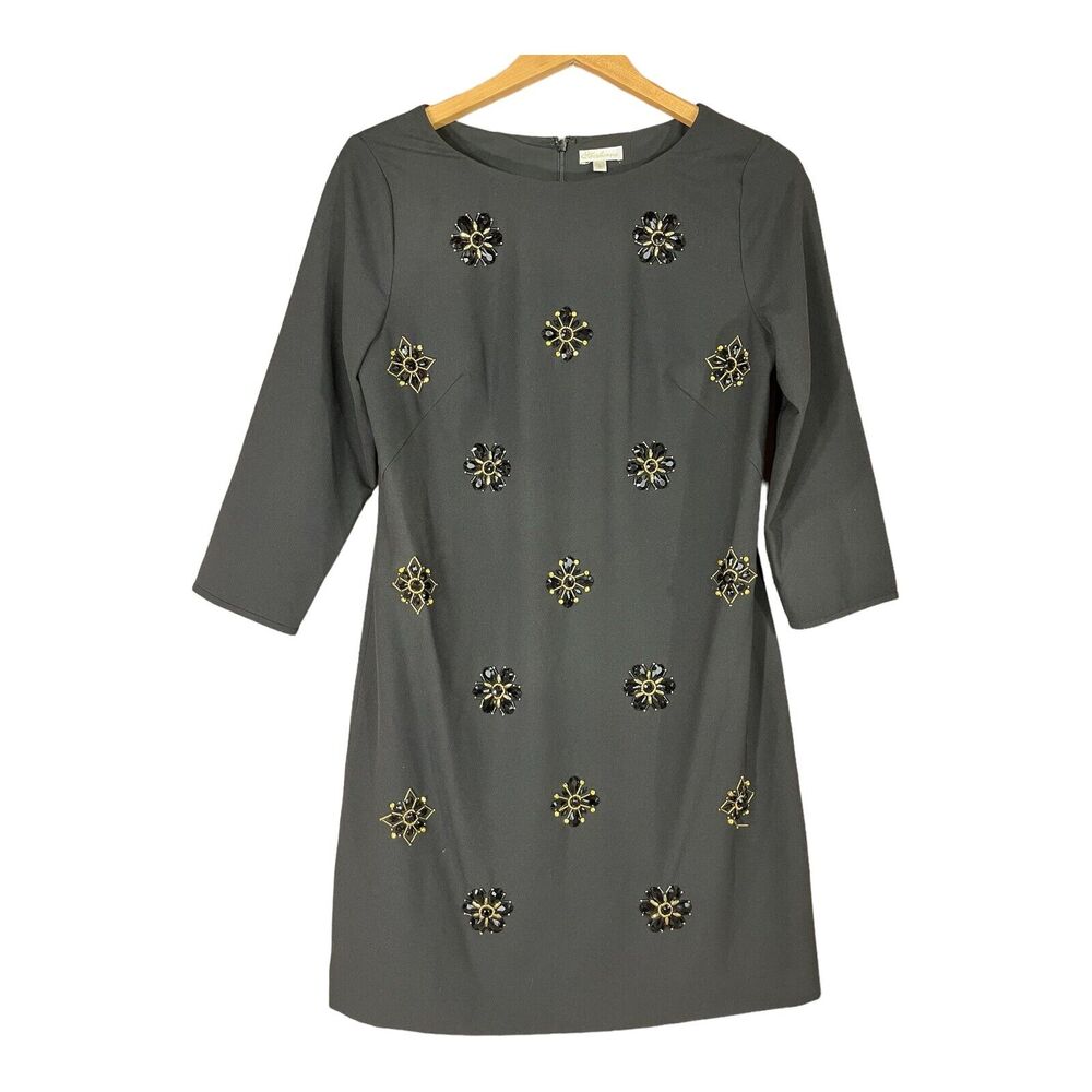 Shoshanna Black Beaded Shift Dress SIZE 6 Flower Gems 3/4 Sleeve $398